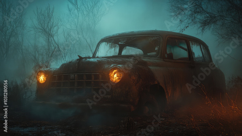 A car is parked in a forest with fog and smoke