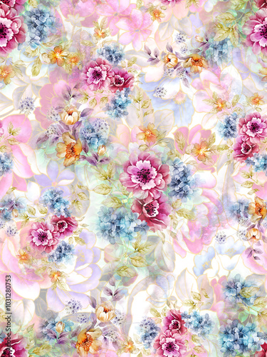 Fototapeta Naklejka Na Ścianę i Meble -  seamless watercolor digital flower pattern on background