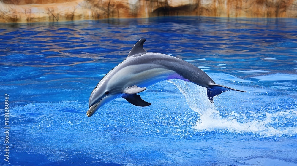 Fototapeta premium A stunning image of a graceful dolphin leaping through the air above the crystal-clear ocean, capturing the beauty and freedom of marine life. The dolphin’s sleek body arches with elegance 