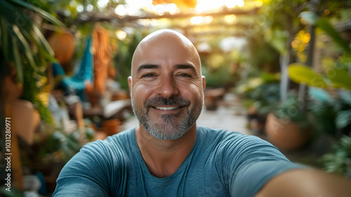 A smiling man taking a self...