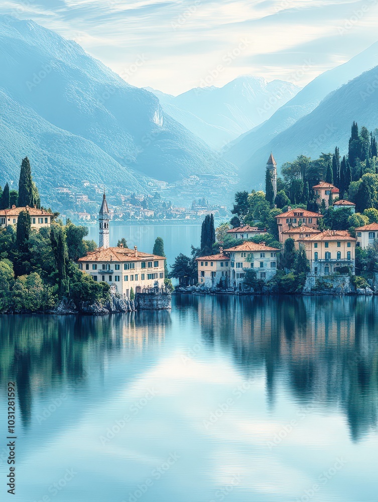 Breathtaking Scenic View of Lake Como's Tranquil Waters and Picturesque Towns Nestled Amidst Lush Mountains and Serene Reflections