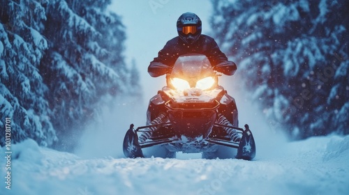 Man on a snowmobile driving on winter snow resort landscape