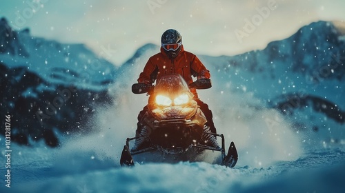 Man on a snowmobile driving on winter snow resort landscape photo