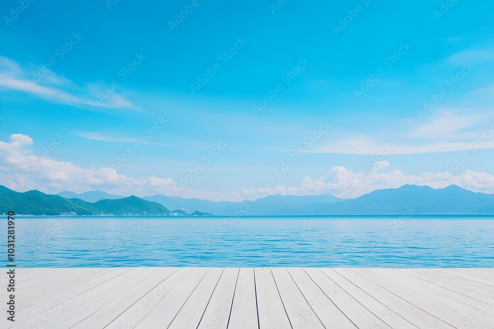 Fototapeta premium Serene Lakeside Dock with Mountainous Landscape Reflecting in Calm Waters