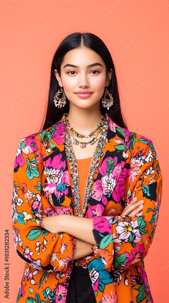 Vibrant Floral Fashion Influencer in Bohemian Layered Jewelry and Patterns A young confident woman with natural makeup and a warm friendly expression poses against a clean Vibrant Floral Fashion Influencer in Bohemian Layered Jewelry and Patterns A young confident woman with natural makeup and a warm friendly expression poses against a clean