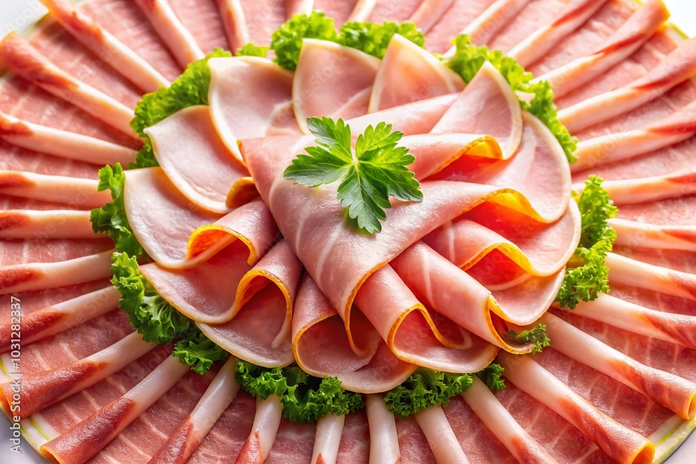 Boiled Ham Slices in a Fan Pattern on White Background - Gourmet Food Photography Boiled Ham Slices in a Fan Pattern on White Background - Gourmet Food Photography