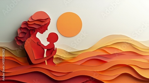 Mother holding little baby with her arm in paper cut style