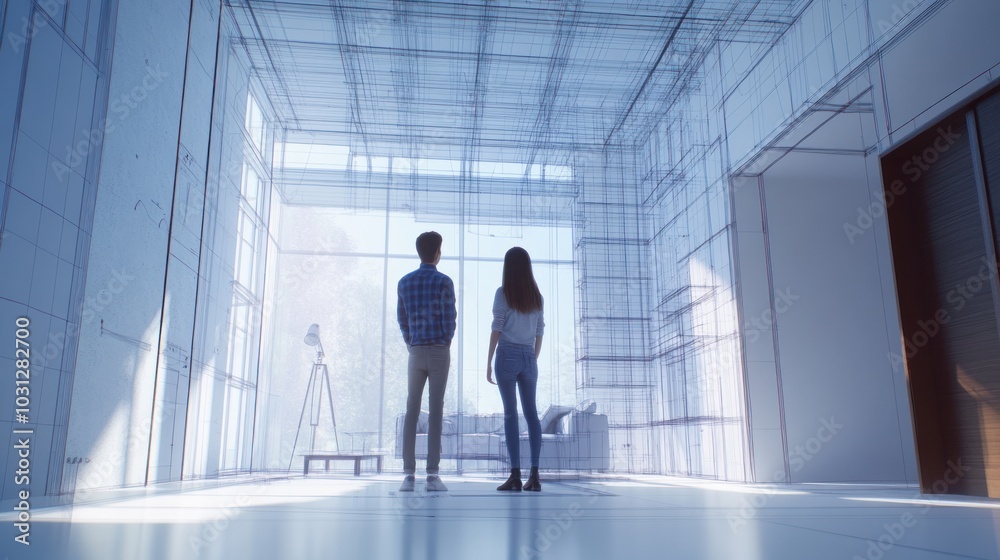 A couple planning to renovate their home, examines the wireframes of their dream home along with interior design sketches, furniture layouts, and lighting examples for the living room. A couple planning to renovate their home, examines the wireframes of their dream home along with interior design sketches, furniture layouts, and lighting examples for the living room.