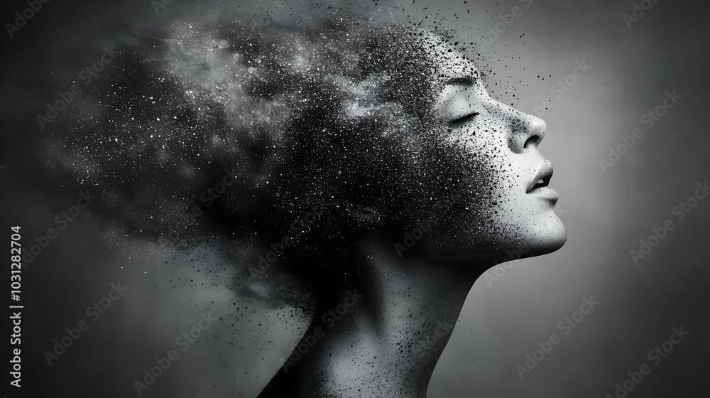A surreal portrait of a woman with a dissolving head effect.