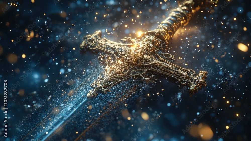 A golden sword with intricate details lies on a dark background with shimmering lights and particles. A golden sword with intricate details lies on a dark background with shimmering lights and particles.