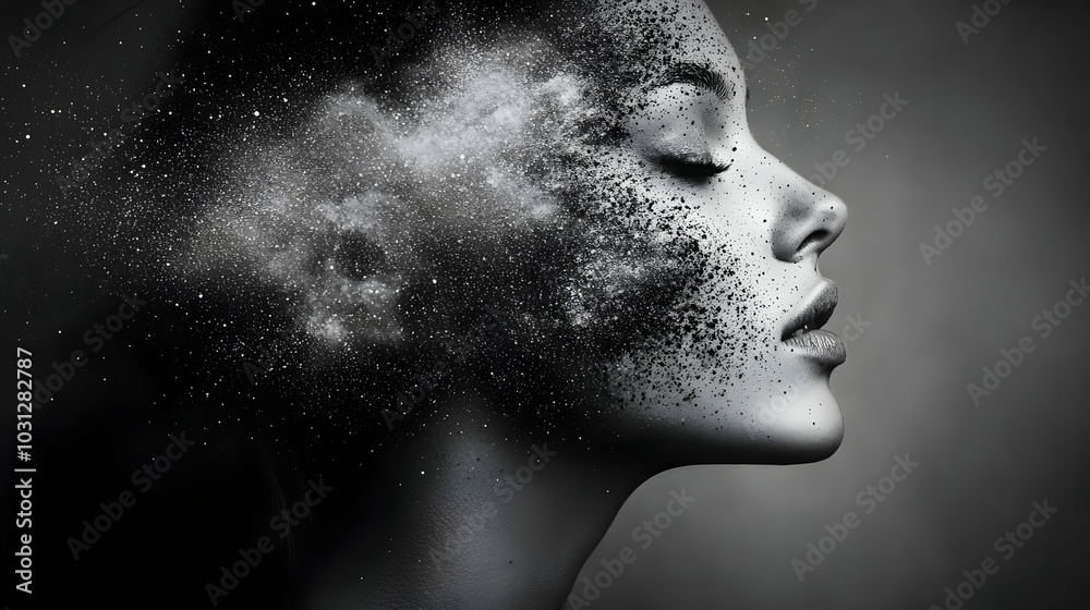 A profile of a woman merging with cosmic elements in black and white. A profile of a woman merging with cosmic elements in black and white.