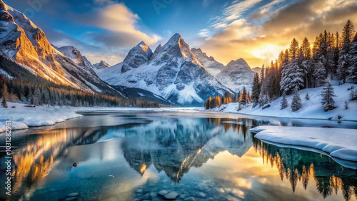 Nature's masterpiece: A breathtaking panorama of snow-capped peaks mirrored in a frozen lake, creating a scene of unparalleled beauty and serenity.