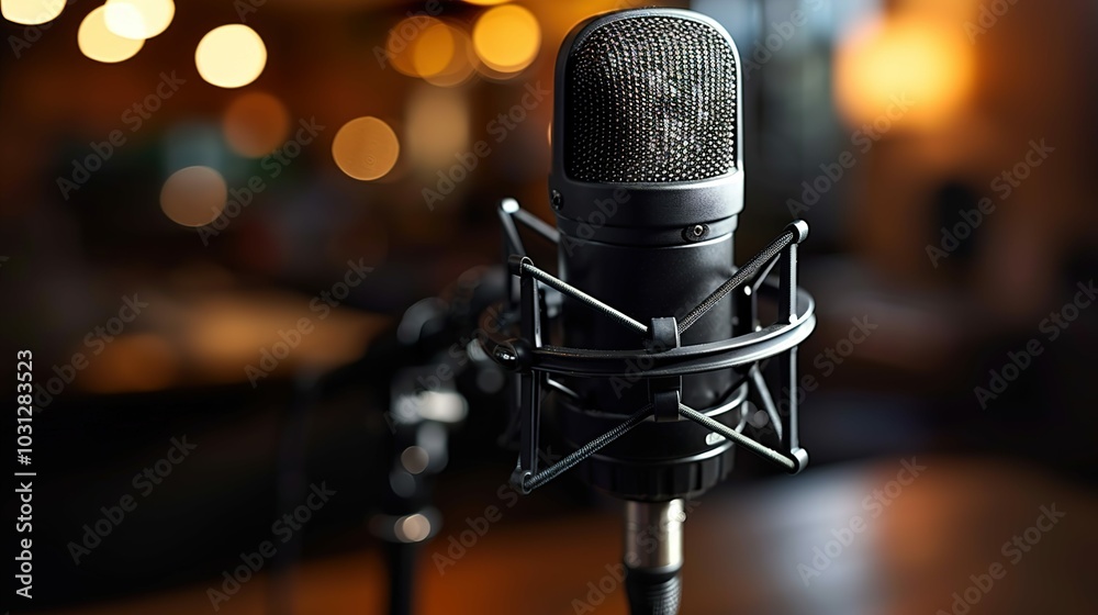 A close-up of a microphone in a cozy setting, ideal for recording or broadcasting. A close-up of a microphone in a cozy setting, ideal for recording or broadcasting.
