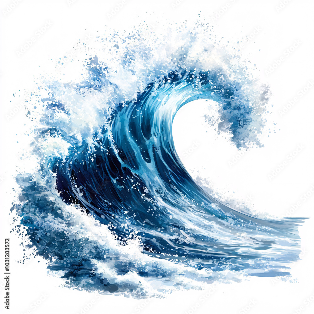 watercolor painting of a blue ocean wave crashing on a white background watercolor painting of a blue ocean wave crashing on a white background