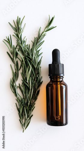 amber bottle of essential oil with green rosemary sprig on white background