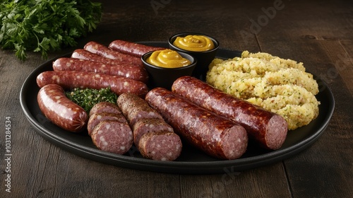 Platter of Sausages with Mustard and Side Dish