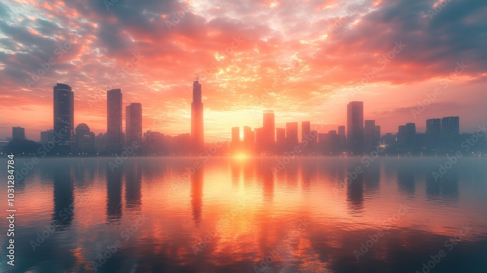Sunrise over a city skyline with reflections in water, with space for text Sunrise over a city skyline with reflections in water, with space for text