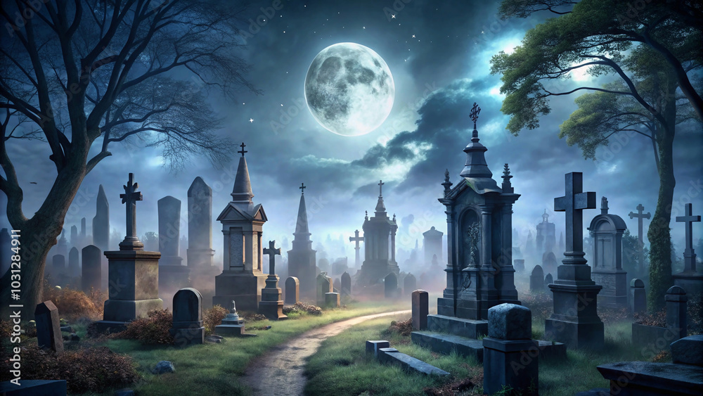 halloween night scene haunting scene of a moonlit cemetery, with towering tombstones and a single flickering candle casting eerie shadows. halloween night scene haunting scene of a moonlit cemetery, with towering tombstones and a single flickering candle casting eerie shadows.