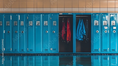 Blue lockers with clothing in a sports facility. photo