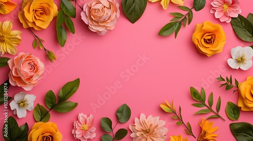 Wallpaper Mural Vibrant Floral Bouquet on Pink Background with Lush Blooming Roses and Petals Torontodigital.ca
