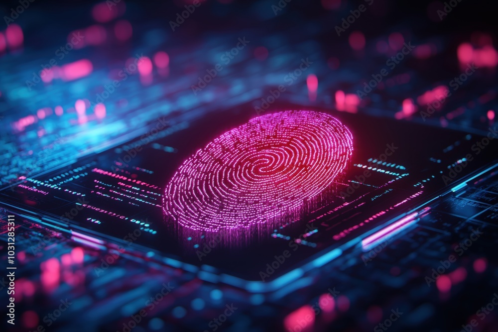 Close up view of a futuristic digital interface with a glowing biometric fingerprint pattern representing advanced authentication and data security technology Close up view of a futuristic digital interface with a glowing biometric fingerprint pattern representing advanced authentication and data security technology