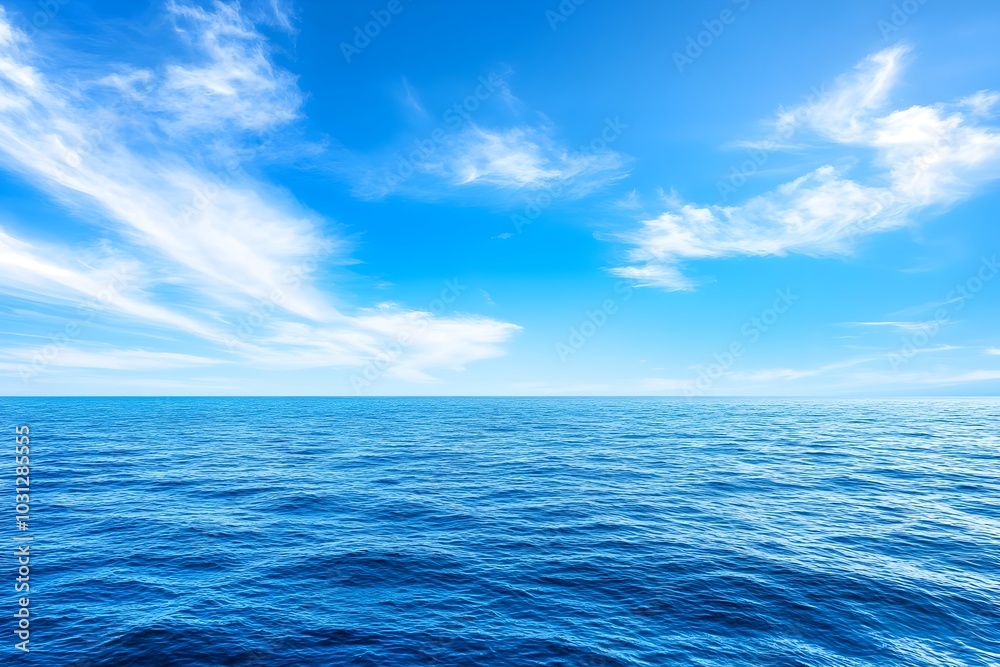 Fototapeta premium Serene Expanse of Tranquil Blue Ocean Horizon Under Vast Dramatic Cloudscape