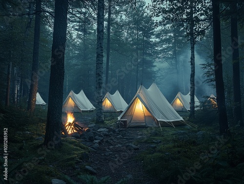 Camping in the forest with white tents among towering trees and a campfire - ai