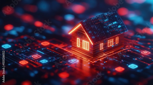 Futuristic smart home structure illuminated by glowing neon grid backdrop in a digital 3D rendering showcasing a concept for high tech