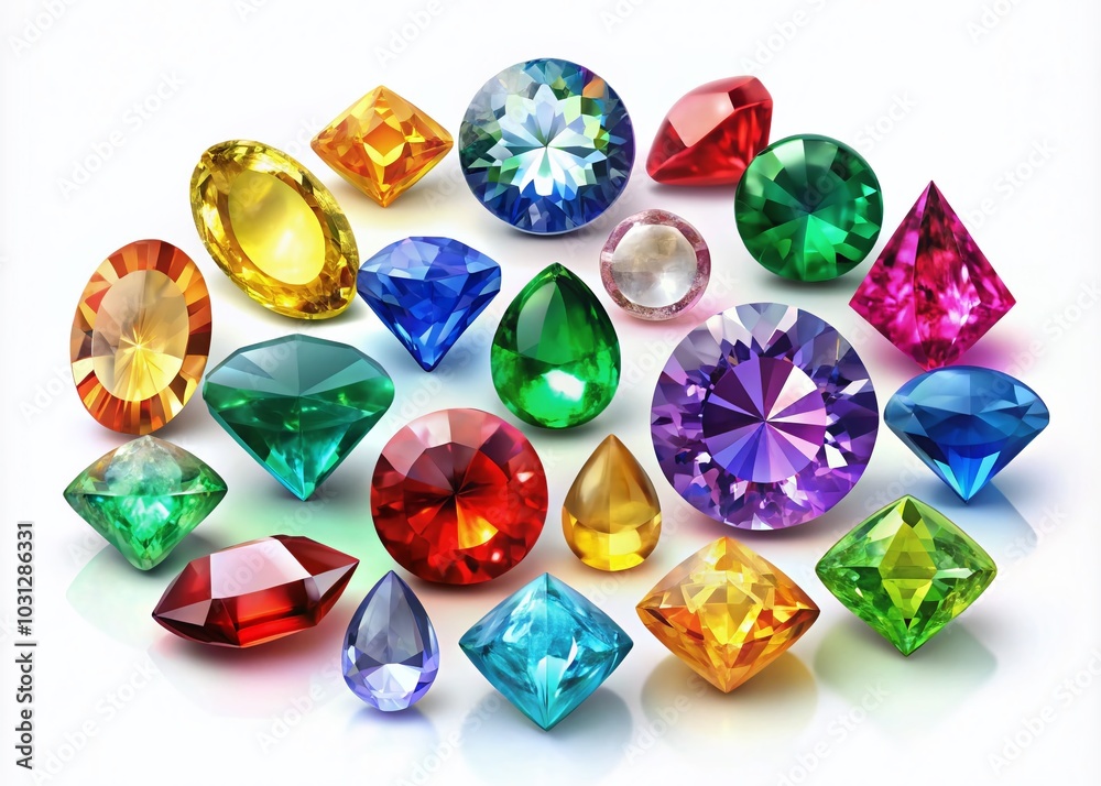 Bright Precious Stones Collection: Sapphire, Diamond, Ruby, Emerald, and More on White Background Bright Precious Stones Collection: Sapphire, Diamond, Ruby, Emerald, and More on White Background