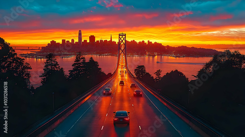 Sunset over a city skyline ...