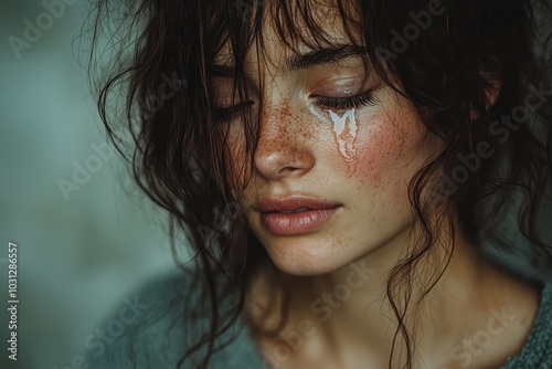 Portrait of a woman with tears on her face, showcasing emotion and vulnerability with soft lighting and a serene expression.