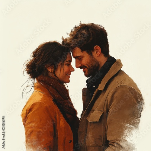 Romantic couple embracing with tender smiles, portraying love and connection in a warm, artistic setting. Ideal for heartfelt themes.