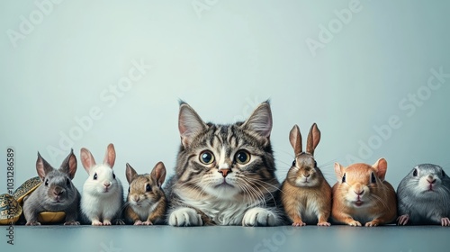 A beautiful cat with her friends a dog, a mouse, a pig, a rabbit, a turtle, a bird, a squirrel, a ferret, huddled close to her in the center with empty space on the right and left photo