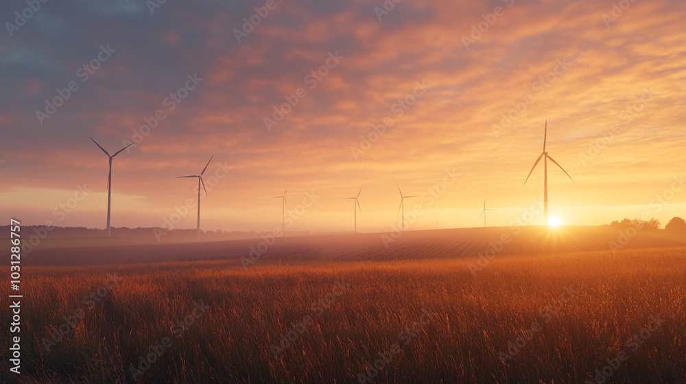 Obraz premium Breathtaking sunrise over a wind farm in a tranquil rural setting showcasing renewable energy