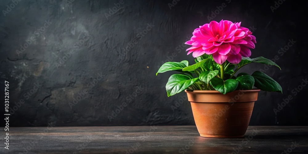 A vibrant pink flower blooms in a terracotta pot, its petals unfurling against a backdrop of dark textured surface. A vibrant pink flower blooms in a terracotta pot, its petals unfurling against a backdrop of dark textured surface.