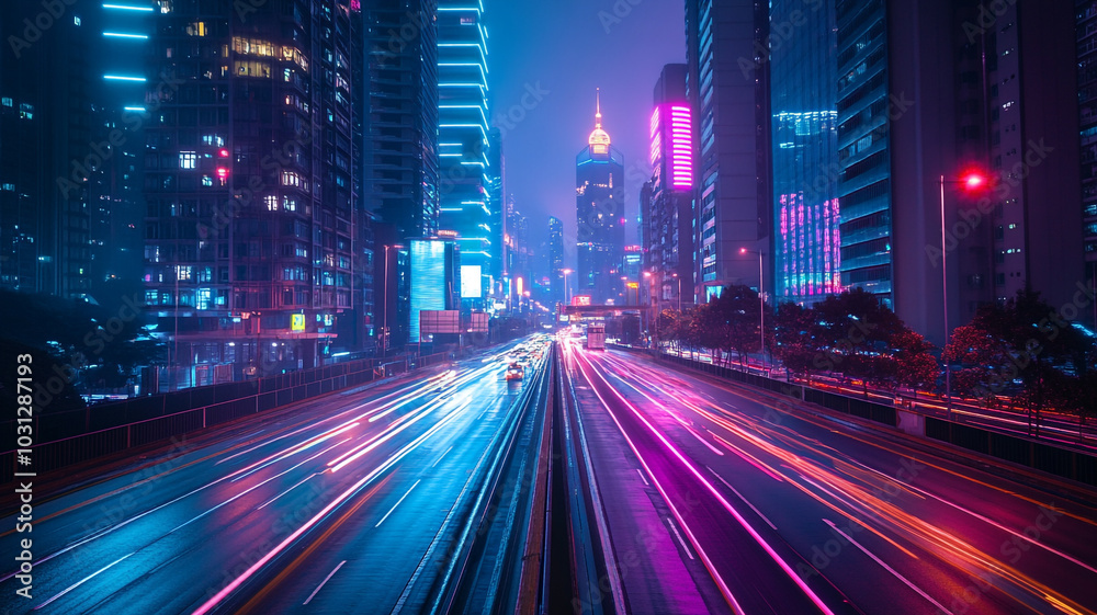Fototapeta premium Vibrant city lights illuminate a busy highway at night in a modern urban landscape