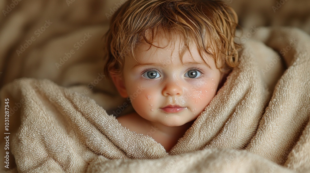 A close-up of a baby wrapped in a soft towel, looking curiously. A close-up of a baby wrapped in a soft towel, looking curiously.