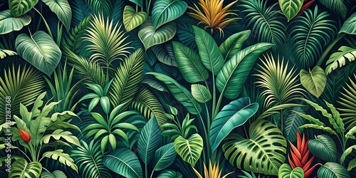 Wallpaper Mural A Lush Tapestry of Tropical Foliage, Embracing Diverse Green Hues and Hints of Vibrant Blooms Torontodigital.ca