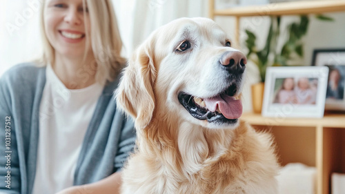 Wallpaper Mural golden retriever sits happily beside person, both enjoying moment together. warm atmosphere highlights their bond and joy of companionship Torontodigital.ca