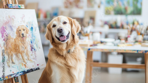 golden retriever dog sits happily next to painting of itself in bright art studio, surrounded by various art supplies and colorful artwork