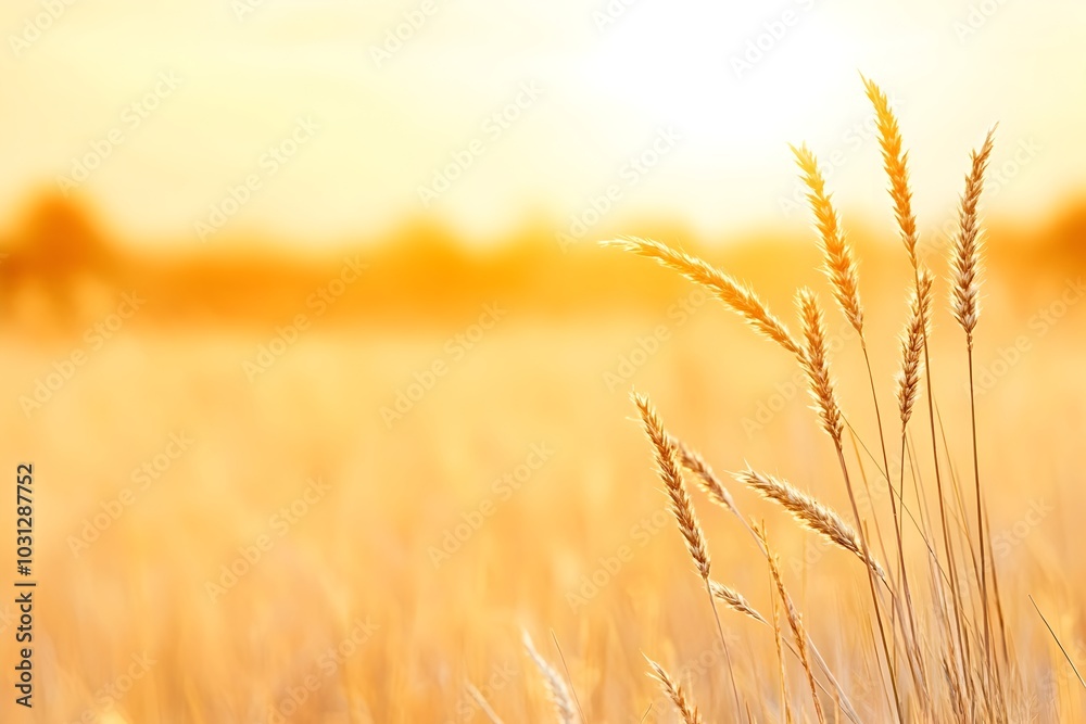 Fototapeta premium Golden Wheat Field Against Warm Sky at Sunset or Sunrise in Countryside Landscape