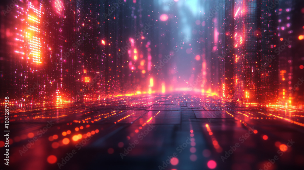 A futuristic city with glowing lights and a dark, foggy atmosphere.