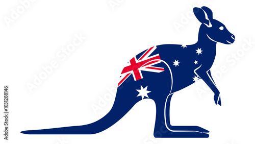 Kangaroo silhouette with the Australian flag, iconic representation of Australian culture and spirit. One of the National Symbols of Australia.