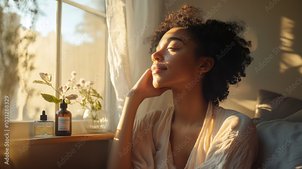 A person sitting by a window in soft natural light, gently massaging a serum into their skin as part of a relaxing morning skincare routine A person sitting by a window in soft natural light, gently massaging a serum into their skin as part of a relaxing morning skincare routine