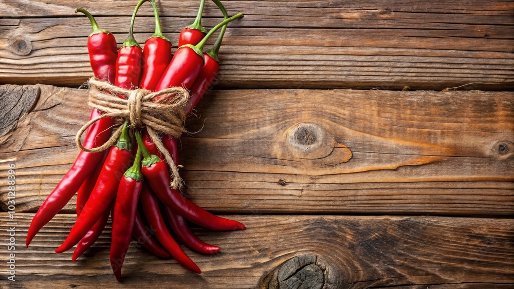 A Bundle of Red Chili Peppers Tied Together with Twine on a Rustic Wooden Surface A Bundle of Red Chili Peppers Tied Together with Twine on a Rustic Wooden Surface