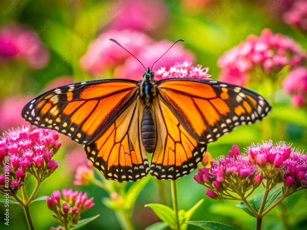 Butterfly on Pink Flowers in Summer Surrounded by Lush Green Foliage, Capturing Nature's Beauty and Vibrant Colors Butterfly on Pink Flowers in Summer Surrounded by Lush Green Foliage, Capturing Nature's Beauty and Vibrant Colors