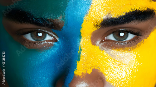 Close-up of a person with blue and yellow face paint.