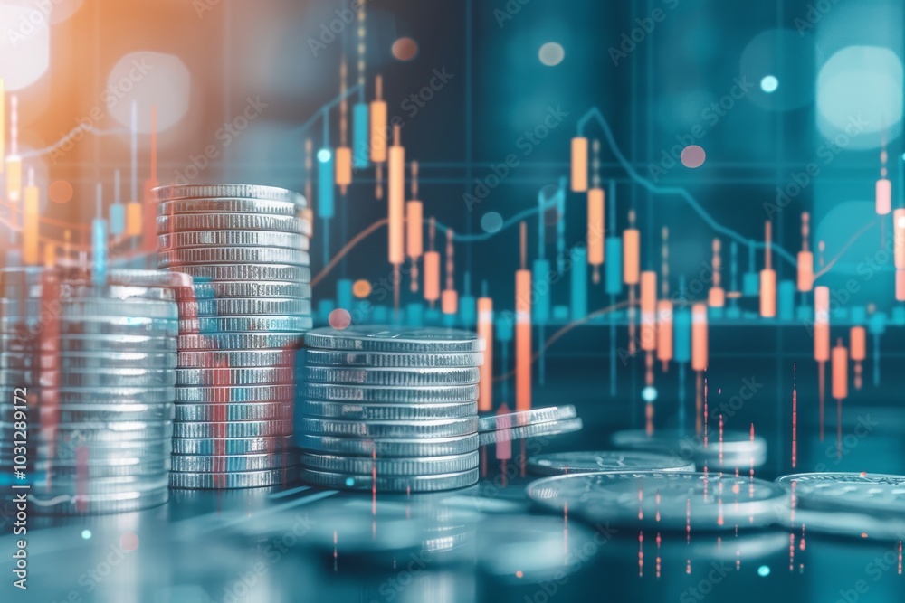 Stacked coins in front of a blurred stock market chart, representing growth and investment. Stacked coins in front of a blurred stock market chart, representing growth and investment.