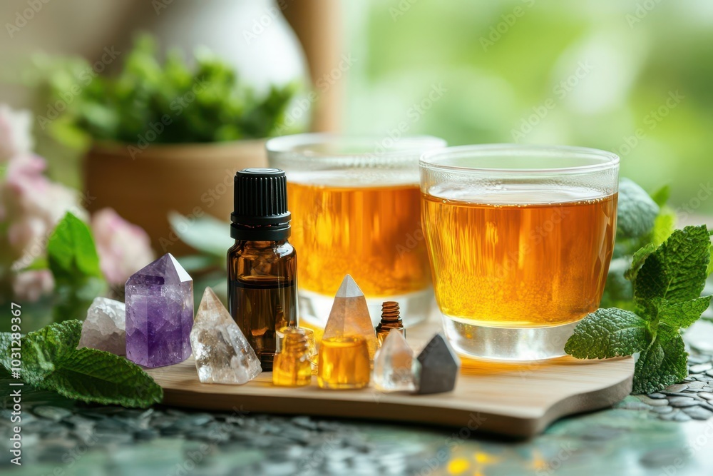 Scene of a serene at-home spa setup with essential oils, crystals, and hormone-supporting teas Scene of a serene at-home spa setup with essential oils, crystals, and hormone-supporting teas