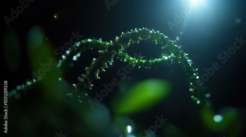 DNA research green leaf background, showing off the delicate double helix genetic information structure with glowing effects and soft light highlights.